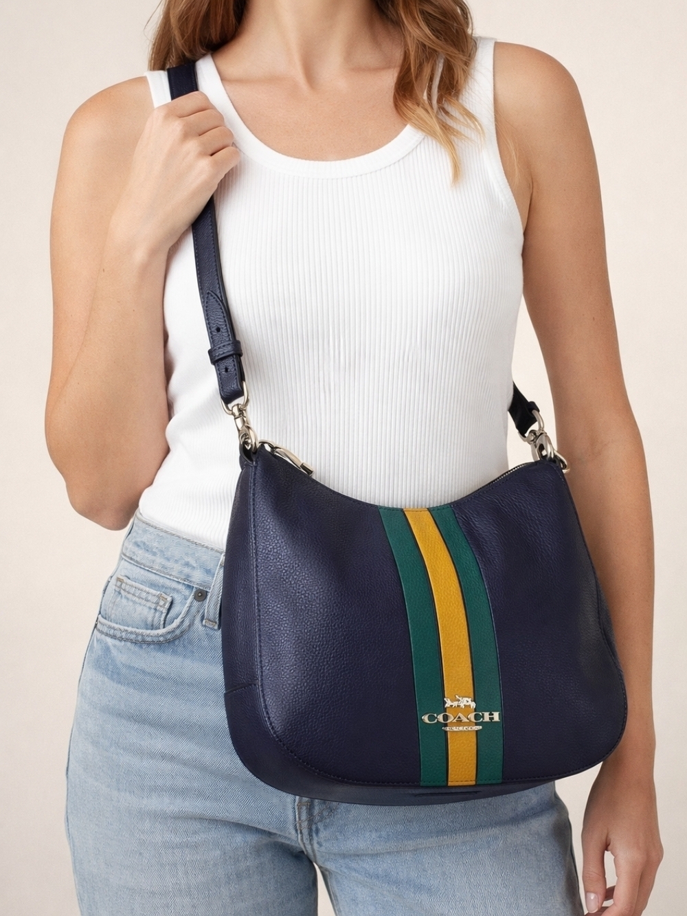 Coach Jes Hobo Cadet Multi Varsity Stripe Pebbled Leather Shoulder Bag - Picture 10 of 14